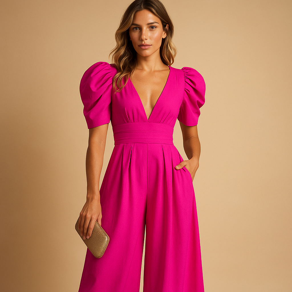 Elegant long jumpsuit for women with tailored fit in peach, black, yellow, turquoise, and red, ideal for formal and upscale occasions.