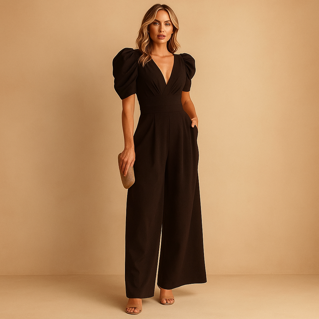Elegant long jumpsuit for women with tailored fit in peach, black, yellow, turquoise, and red, ideal for formal and upscale occasions.