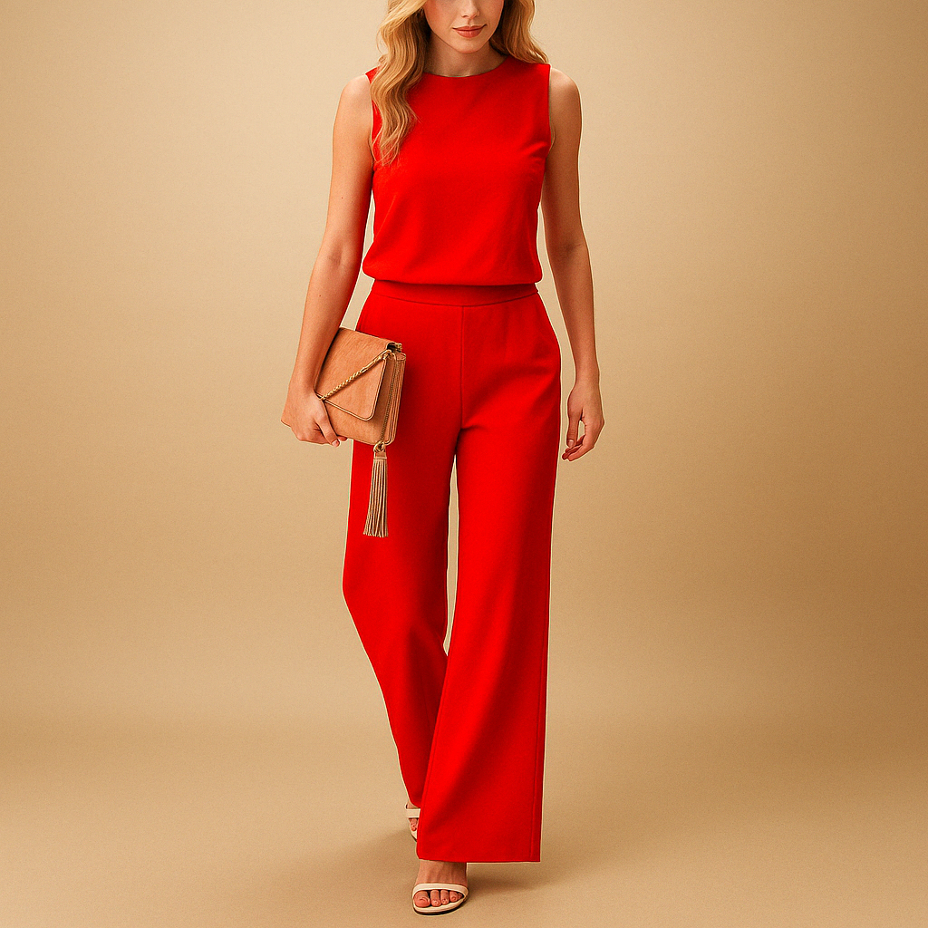 Elegant wide-leg jumpsuit for women with a mid-waist fit and round neckline, available in pink, red, blue, and black for work or evening events.