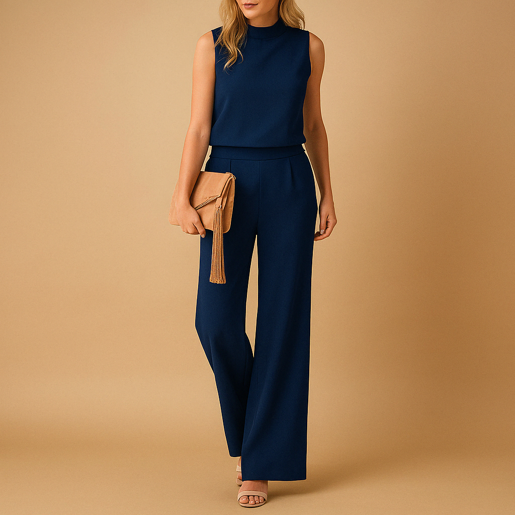 Elegant wide-leg jumpsuit for women with a mid-waist fit and round neckline, available in pink, red, blue, and black for work or evening events.