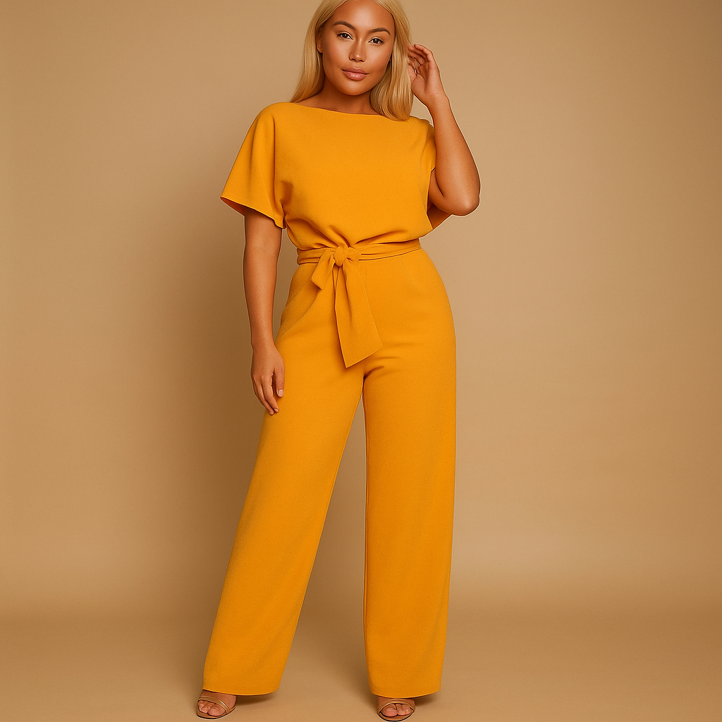 Women’s high-waist jumpsuit with lace-up detail in black, navy, yellow, or apricot, ideal for work, evenings out, or casual chic occasions.