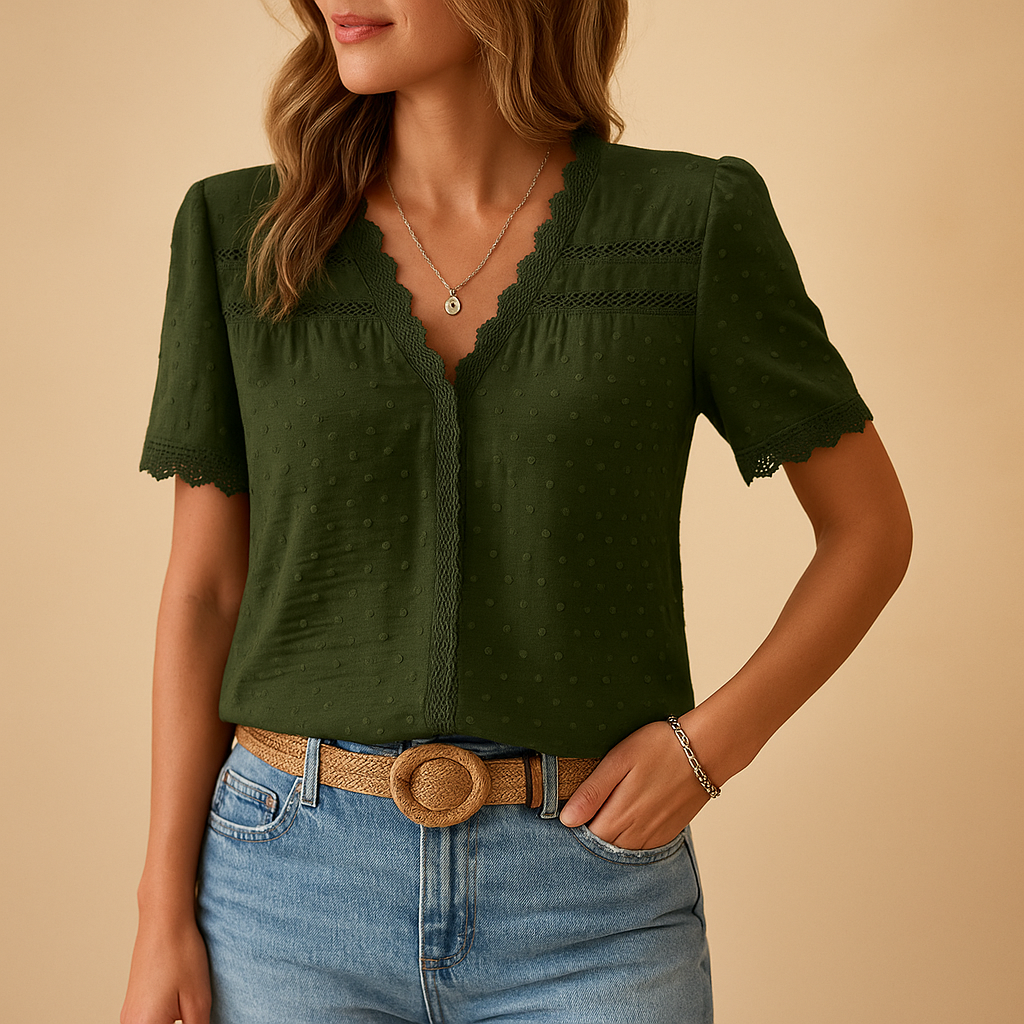 Lace V-neck blouse for women with elegant details, ideal for work, evenings out, and special events in beige, black, pink, and more.