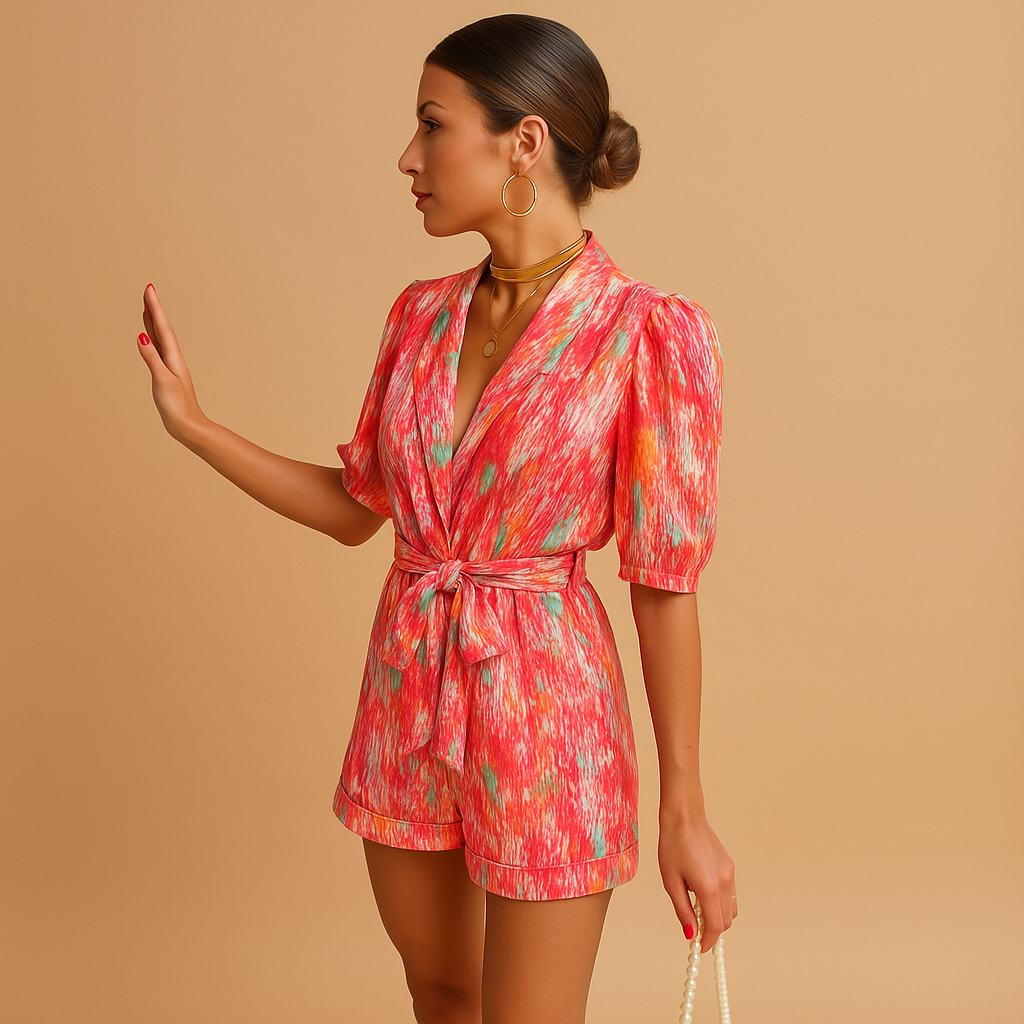 Short printed summer jumpsuit for women in pink and purple with belt and tailored fit, perfect for warm days and stylish outings.