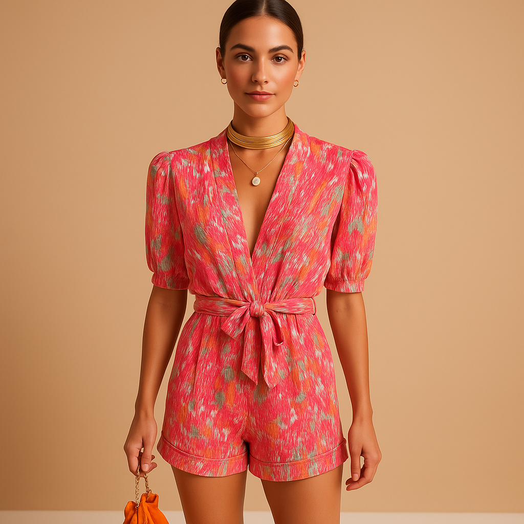 Short printed summer jumpsuit for women in pink and purple with belt and tailored fit, perfect for warm days and stylish outings.