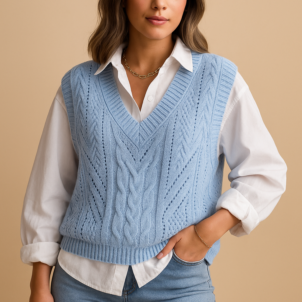 Women's sleeveless cable knit vest with deep V-neck, slim fit, and breathable design, perfect for layering in spring and autumn outfits.