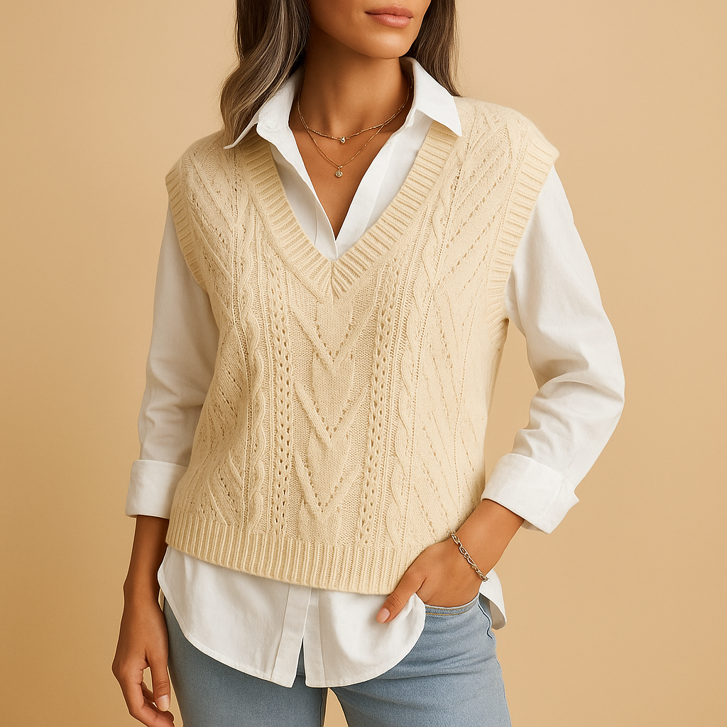 Women's sleeveless cable knit vest with deep V-neck, slim fit, and breathable design, perfect for layering in spring and autumn outfits.