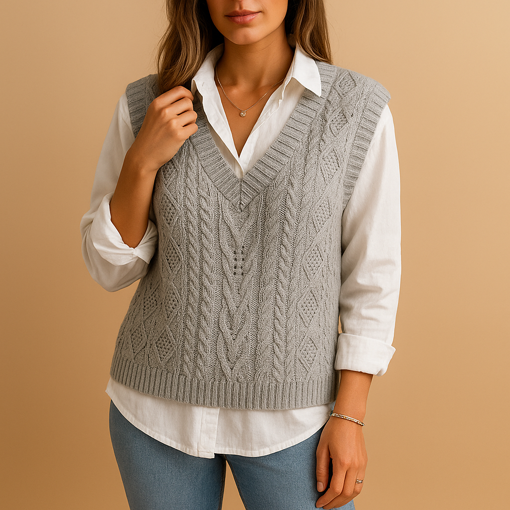 Women's sleeveless cable knit vest with deep V-neck, slim fit, and breathable design, perfect for layering in spring and autumn outfits.