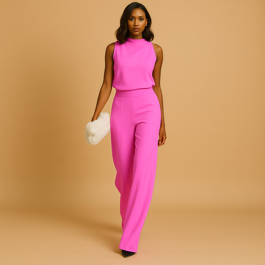 Women’s elegant sleeveless halter jumpsuit with wide legs, high waist, and bow detail, ideal for summer parties, dinners, or evenings out.