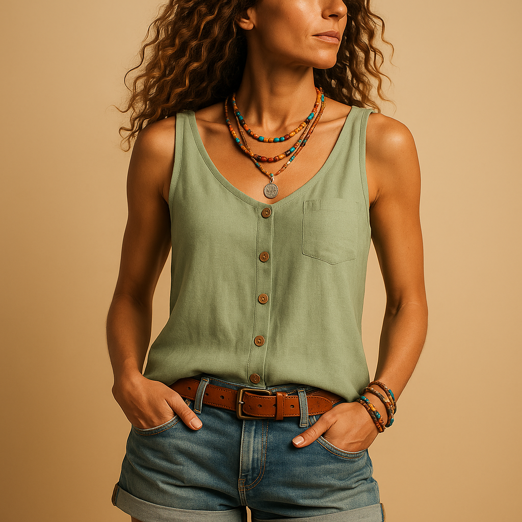 Women’s sleeveless summer top with V-neck, relaxed fit, and vibrant colors, perfect for casual warm-weather outfits.