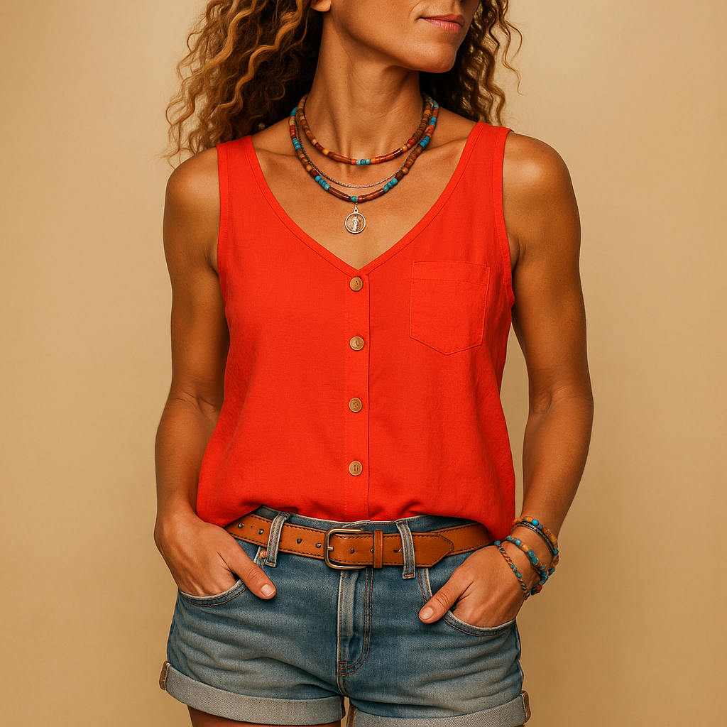 Women’s sleeveless summer top with V-neck, relaxed fit, and vibrant colors, perfect for casual warm-weather outfits.
