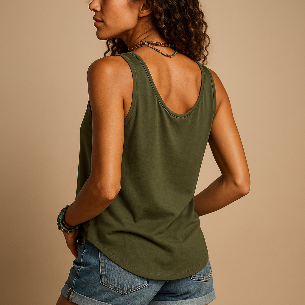 Women’s sleeveless summer top with V-neck, relaxed fit, and vibrant colors, perfect for casual warm-weather outfits.