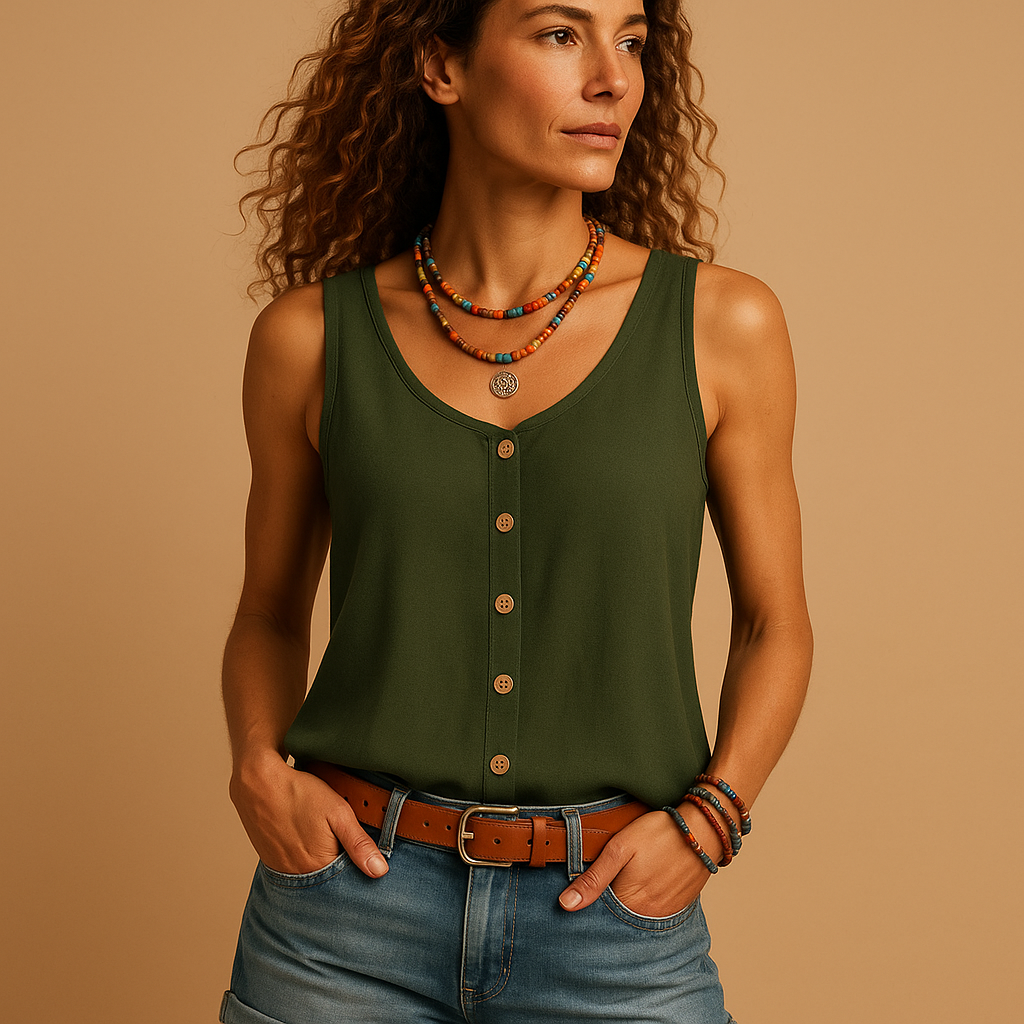 Women’s sleeveless summer top with V-neck, relaxed fit, and vibrant colors—perfect for casual warm-weather outfits.