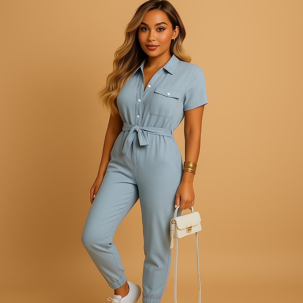 Stylish one-piece tailored jumpsuit for women with button detailing and a flattering fit, perfect for work, brunch, and social events.