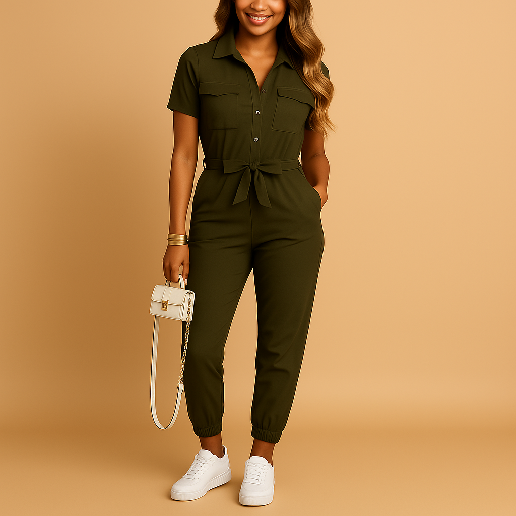 Stylish one-piece tailored jumpsuit for women with button detailing and a flattering fit, perfect for work, brunch, and social events.