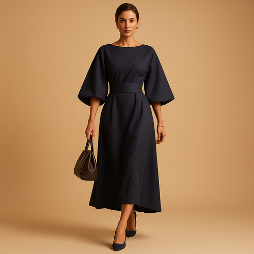 Women’s A-line midi dress with waist belt and flared sleeves. Elegant tailored fit, perfect for office wear, dinners, and semi-formal occasions.