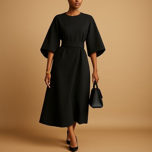 Women’s A-line midi dress with waist belt and flared sleeves. Elegant tailored fit, perfect for office wear, dinners, and semi-formal occasions.