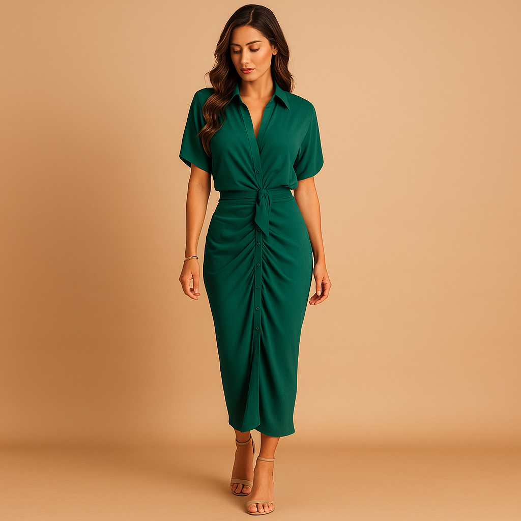Women’s ankle-length draped V-neck dress with refined drapery and ruches, perfect for galas, evening parties, and formal occasions.