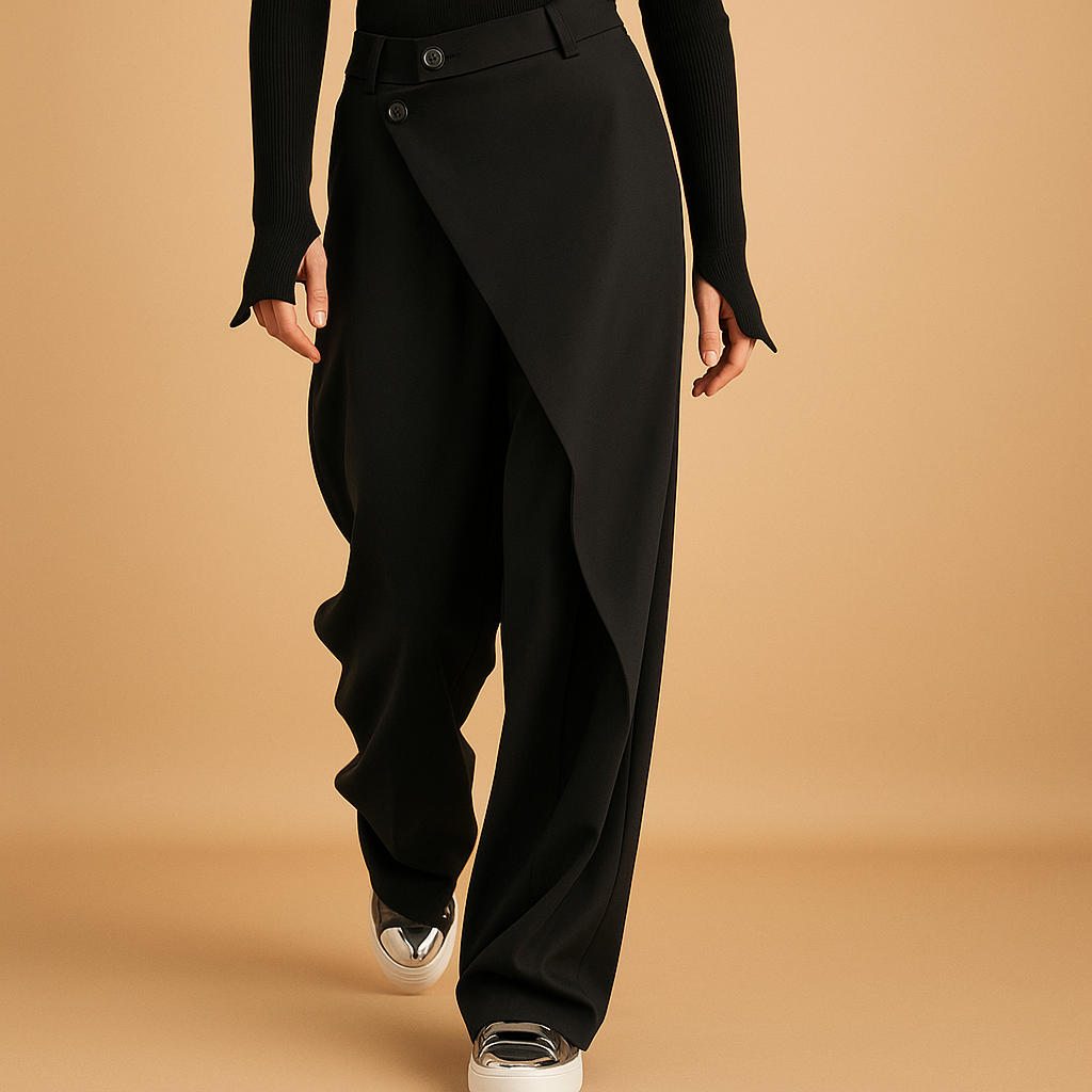 Women’s asymmetric baggy pants with double-button closure and relaxed fit, ideal for casual and chic modern outfits.