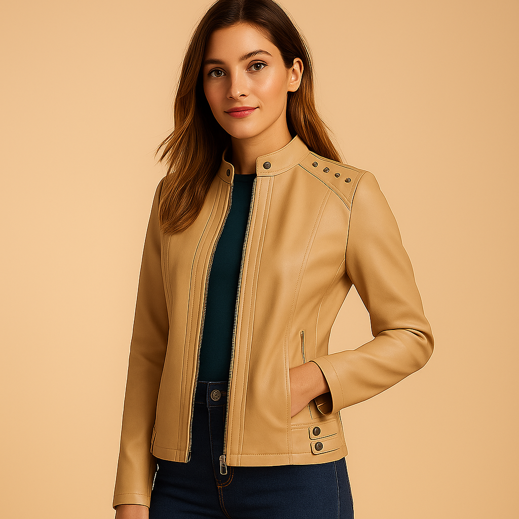 Women’s biker jacket with structured fit, standing collar, and metallic accents. Perfect for casual outfits, city looks, or chic evening wear.