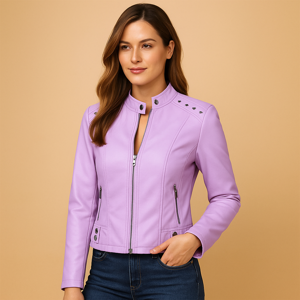 Women’s biker jacket with structured fit, standing collar, and metallic accents. Perfect for casual outfits, city looks, or chic evening wear.