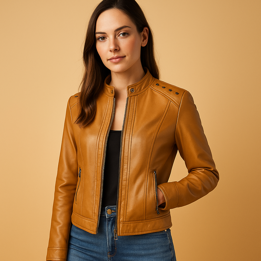 Women’s biker jacket with structured fit, standing collar, and metallic accents. Perfect for casual outfits, city looks, or chic evening wear.