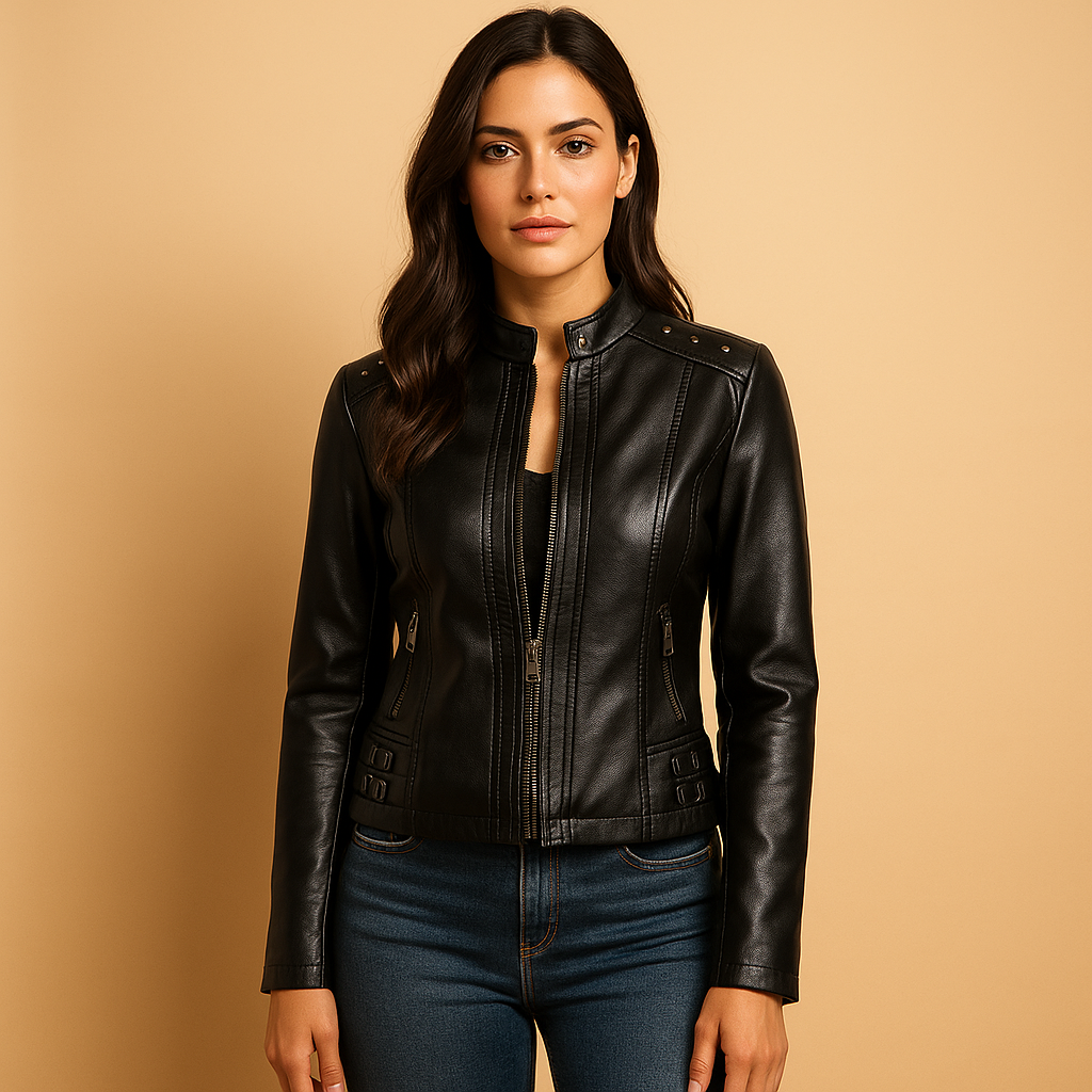 Women’s biker jacket with structured fit, standing collar, and metallic accents. Perfect for casual outfits, city looks, or chic evening wear.