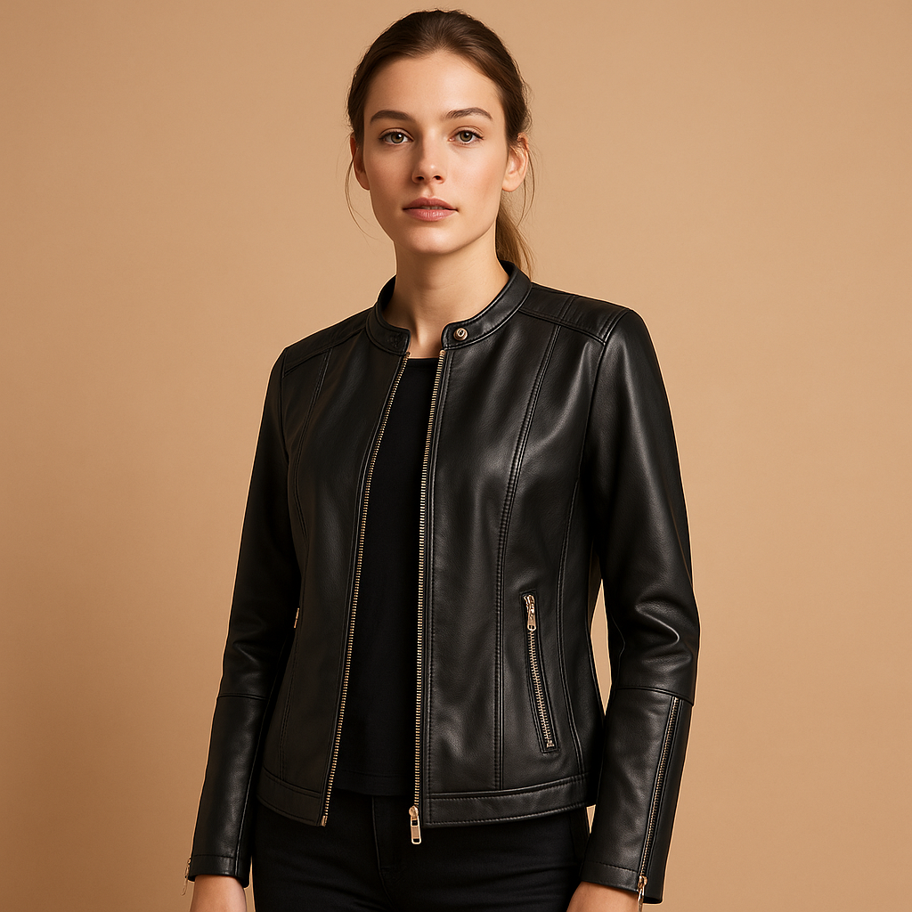Women’s biker jacket with symmetrical zipper, lapel collar, and metal accents, ideal for casual and evening outfits.