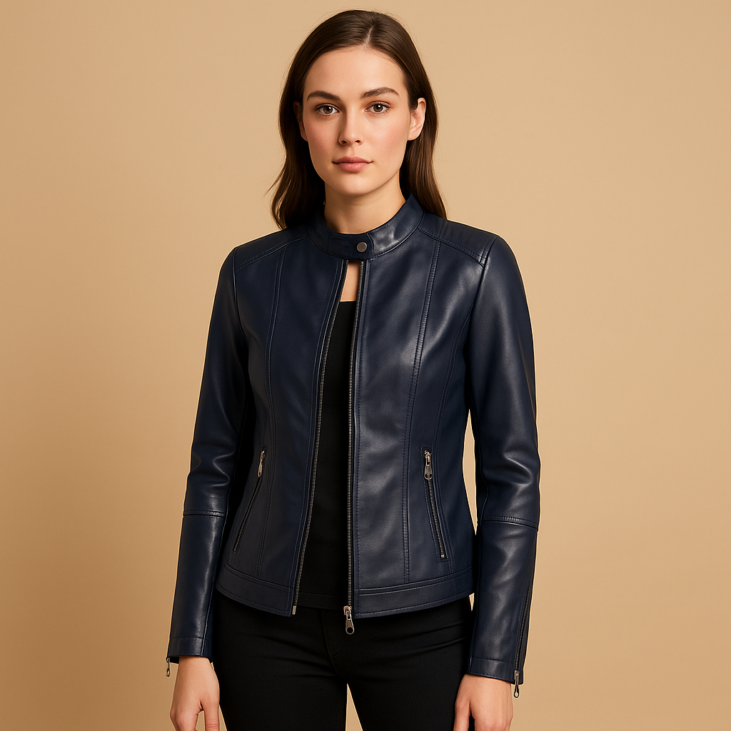 Women’s biker jacket with symmetrical zipper, lapel collar, and metal accents, ideal for casual and evening outfits.