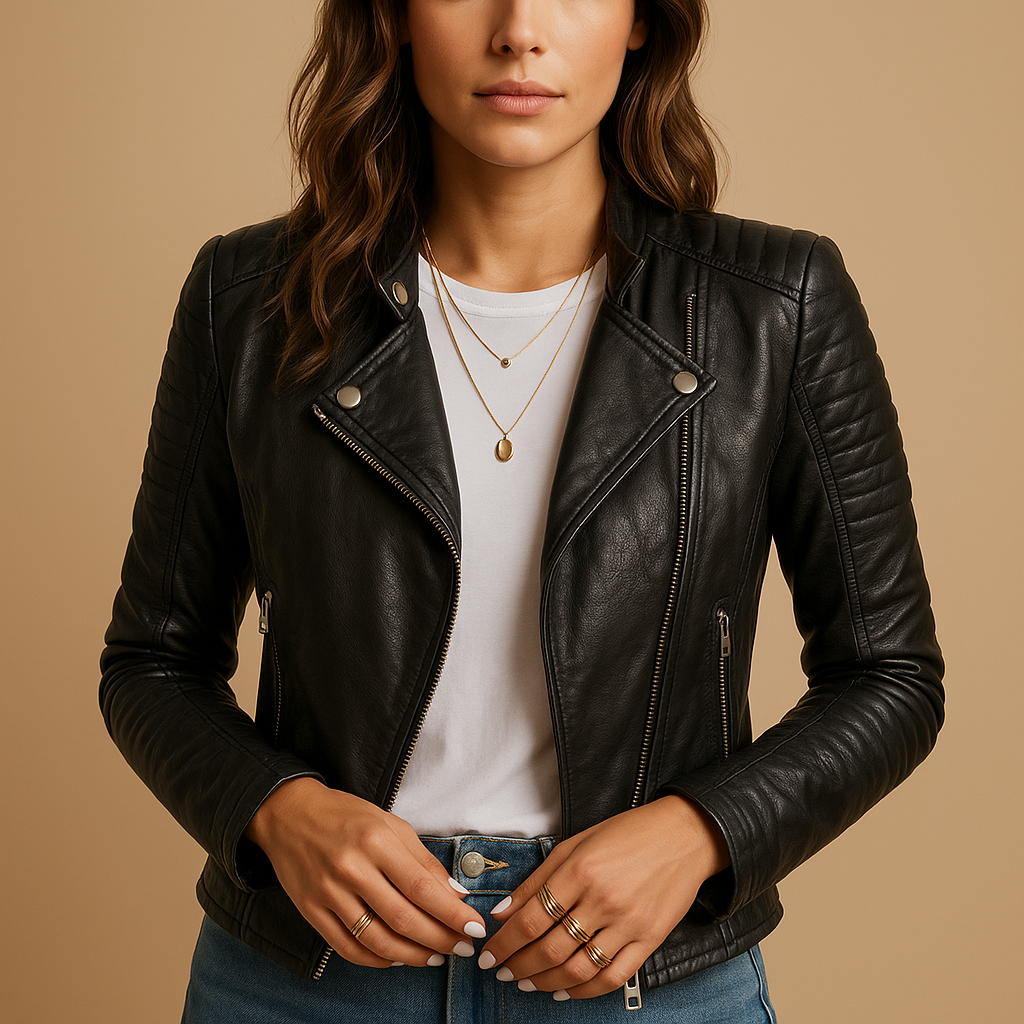 Black faux leather jacket for women with a tailored fit, classic collar, and zipper closure. Stylish and versatile for casual or chic outfits.