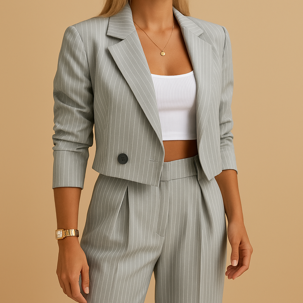 Elegant blazer and trousers set for women with tailored fit, available in blue and grey, perfect for formal occasions and smart-casual outfits.