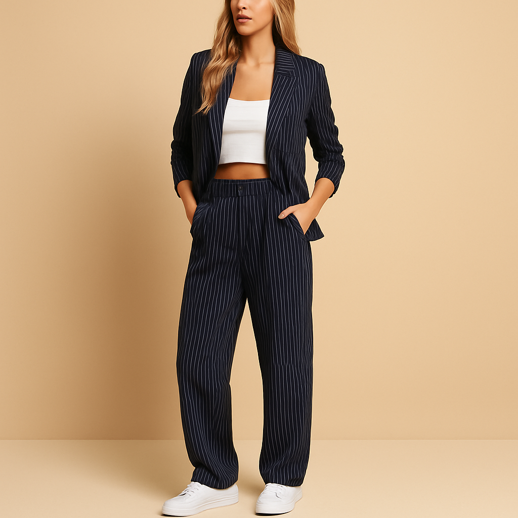 Elegant blazer and trousers set for women with tailored fit, available in blue and grey, perfect for formal occasions and smart-casual outfits.