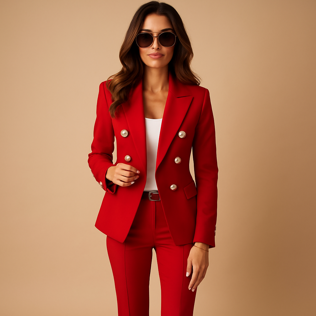 Blazer and trousers suit set for women with elegant tailored fit, available in black, red, and blue, perfect for business meetings or formal occasions.