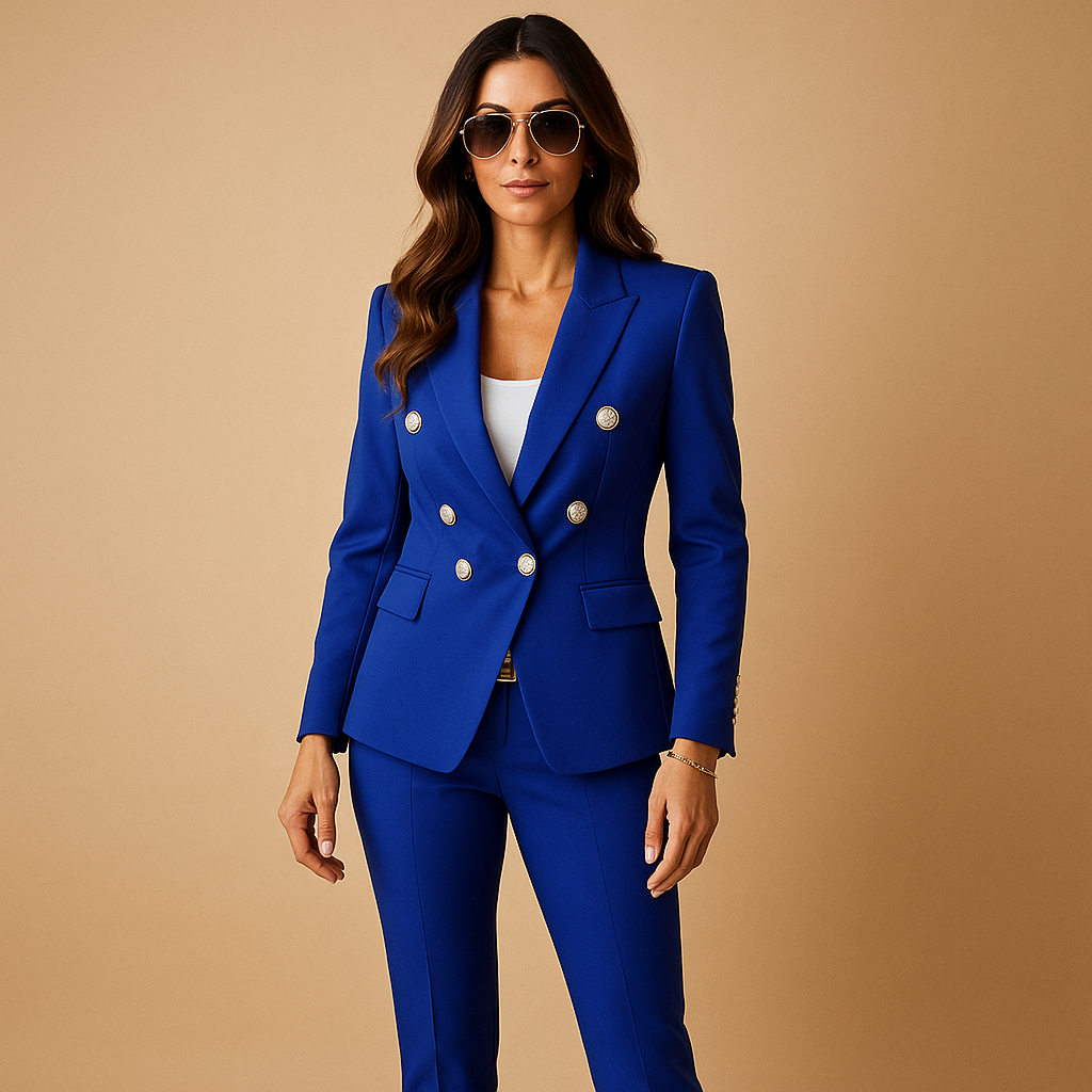 Blazer and trousers suit set for women with elegant tailored fit, available in black, red, and blue, perfect for business meetings or formal occasions.