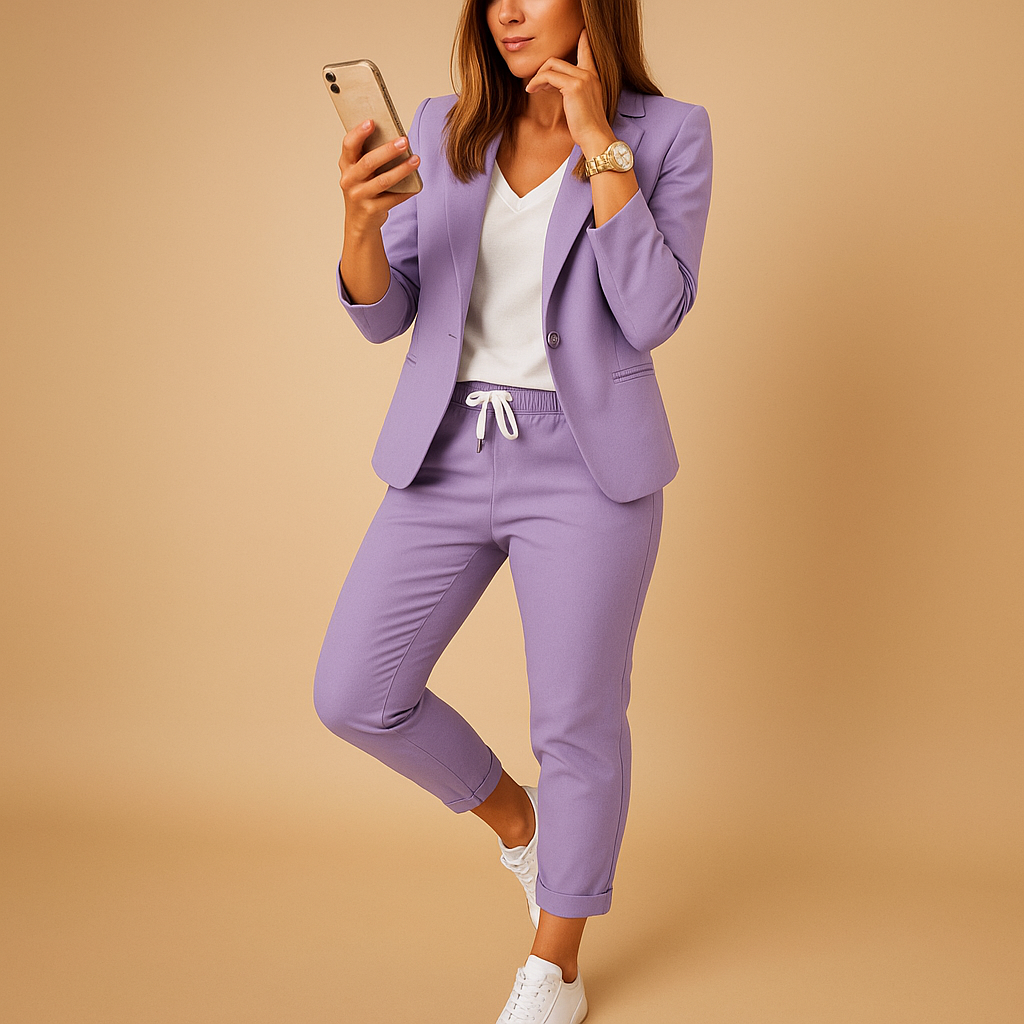 Elegant blazer and pants set for women with tailored fit and breathable fabric, perfect for office wear, evening dinners, and formal occasions.