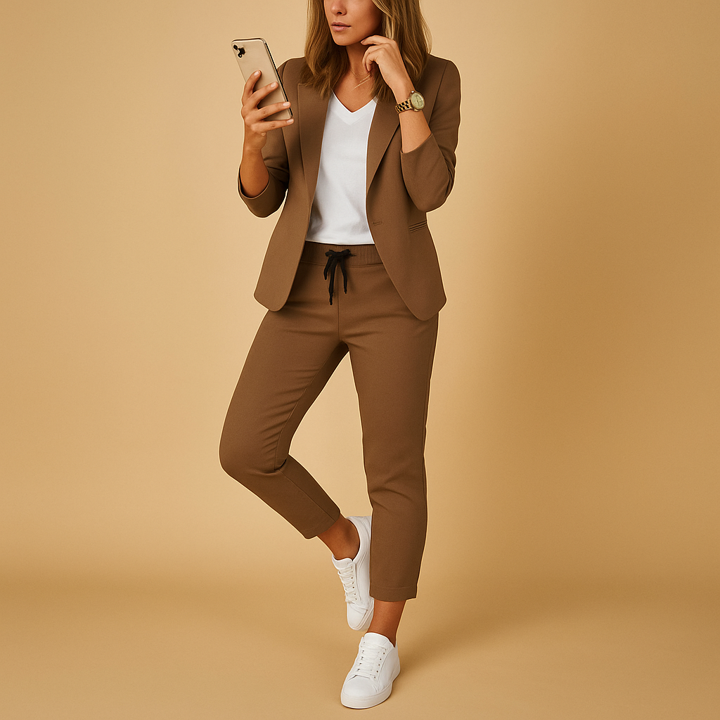 Elegant blazer and pants set for women with tailored fit and breathable fabric, perfect for office wear, evening dinners, and formal occasions.