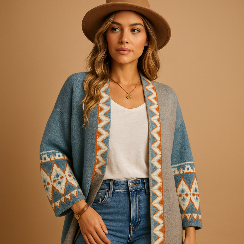 Women’s bohemian jacquard cardigan with colourful accents and relaxed fit, perfect for layering over dresses or casual outfits.