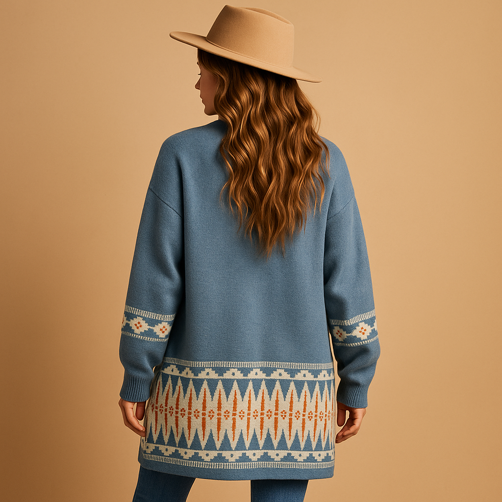 Women’s bohemian jacquard cardigan with colourful accents and relaxed fit, perfect for layering over dresses or casual outfits.