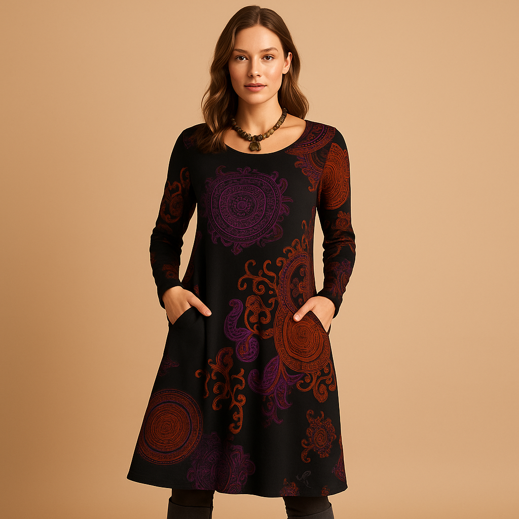 Bohemian maxi dress for women named Dahlia, featuring a loose fit, long sleeves, and pockets in warm tones for a stylish, relaxed boho look.