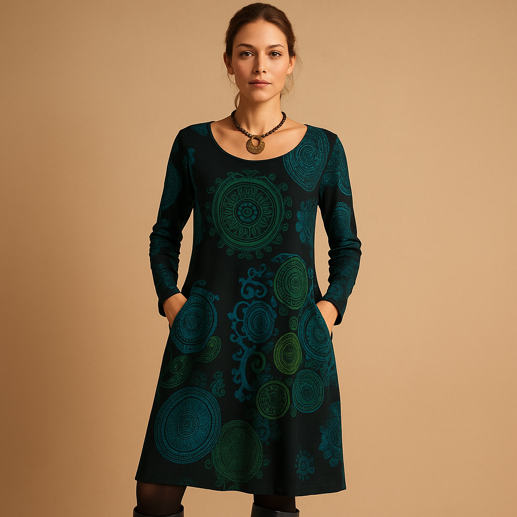 Bohemian maxi dress for women named Dahlia, featuring a loose fit, long sleeves, and pockets in warm tones for a stylish, relaxed boho look.