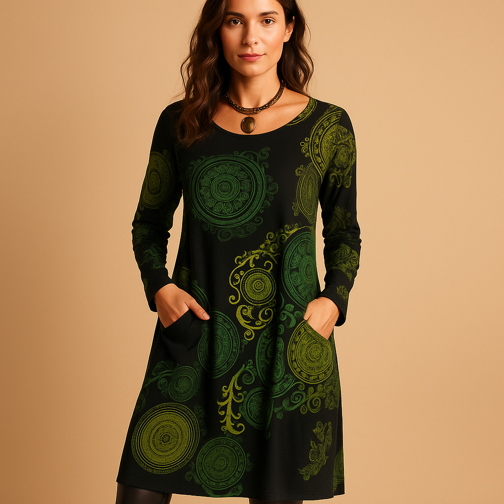 Bohemian maxi dress for women named Dahlia, featuring a loose fit, long sleeves, and pockets in warm tones for a stylish, relaxed boho look.