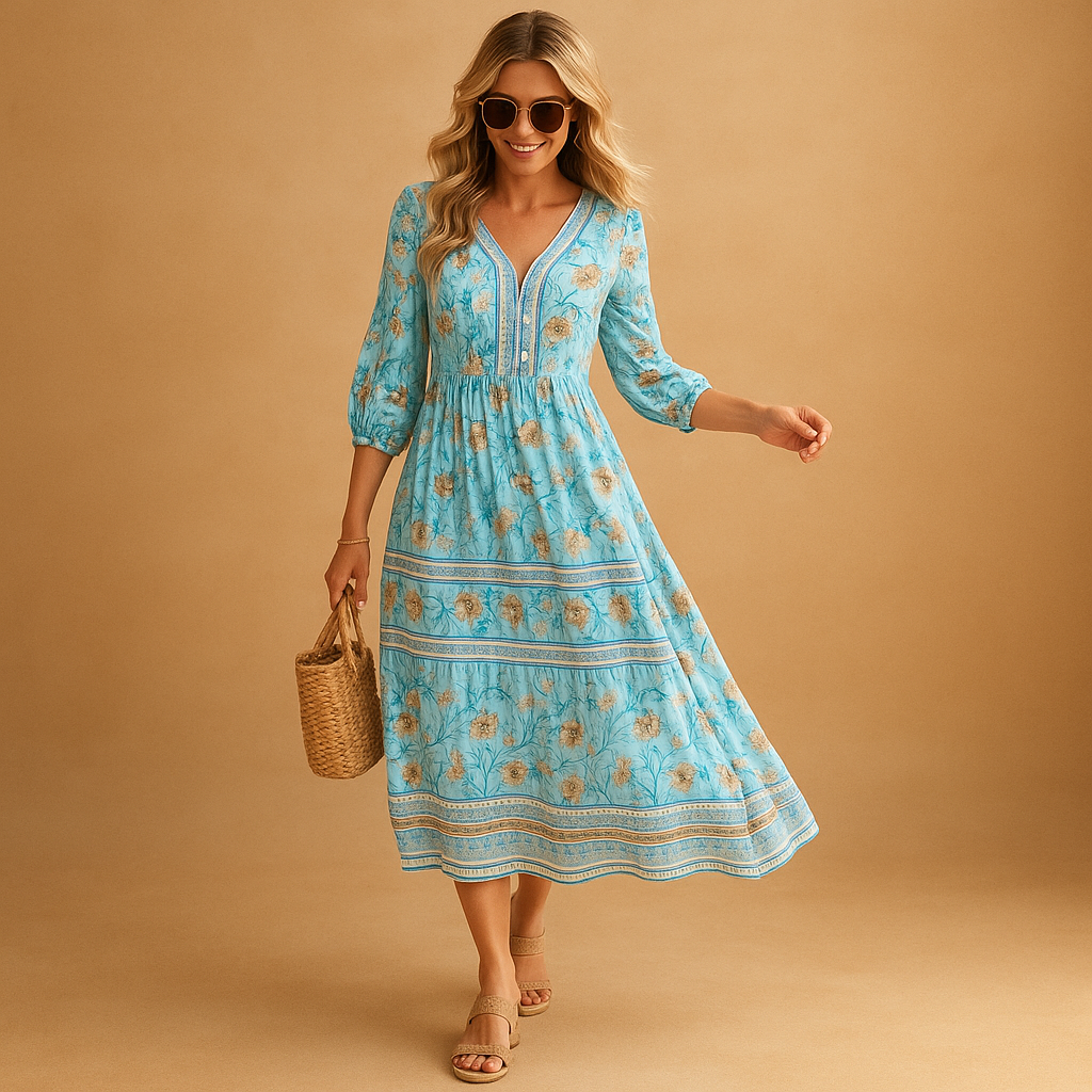 Women’s bohemian summer dress with airy fit and refined patterns. Perfect for festivals, beach days, and casual summer occasions.