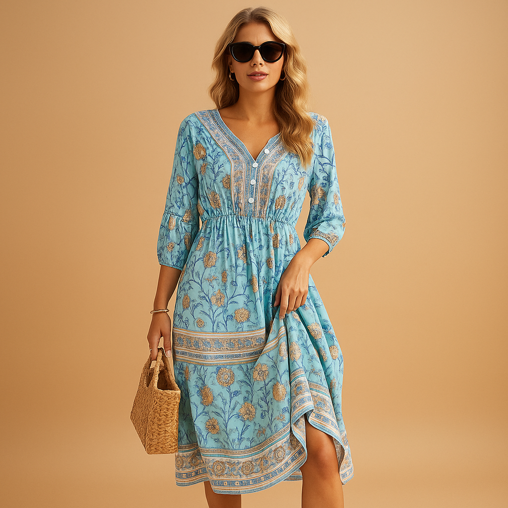 Women’s bohemian summer dress with airy fit and refined patterns. Perfect for festivals, beach days, and casual summer occasions.