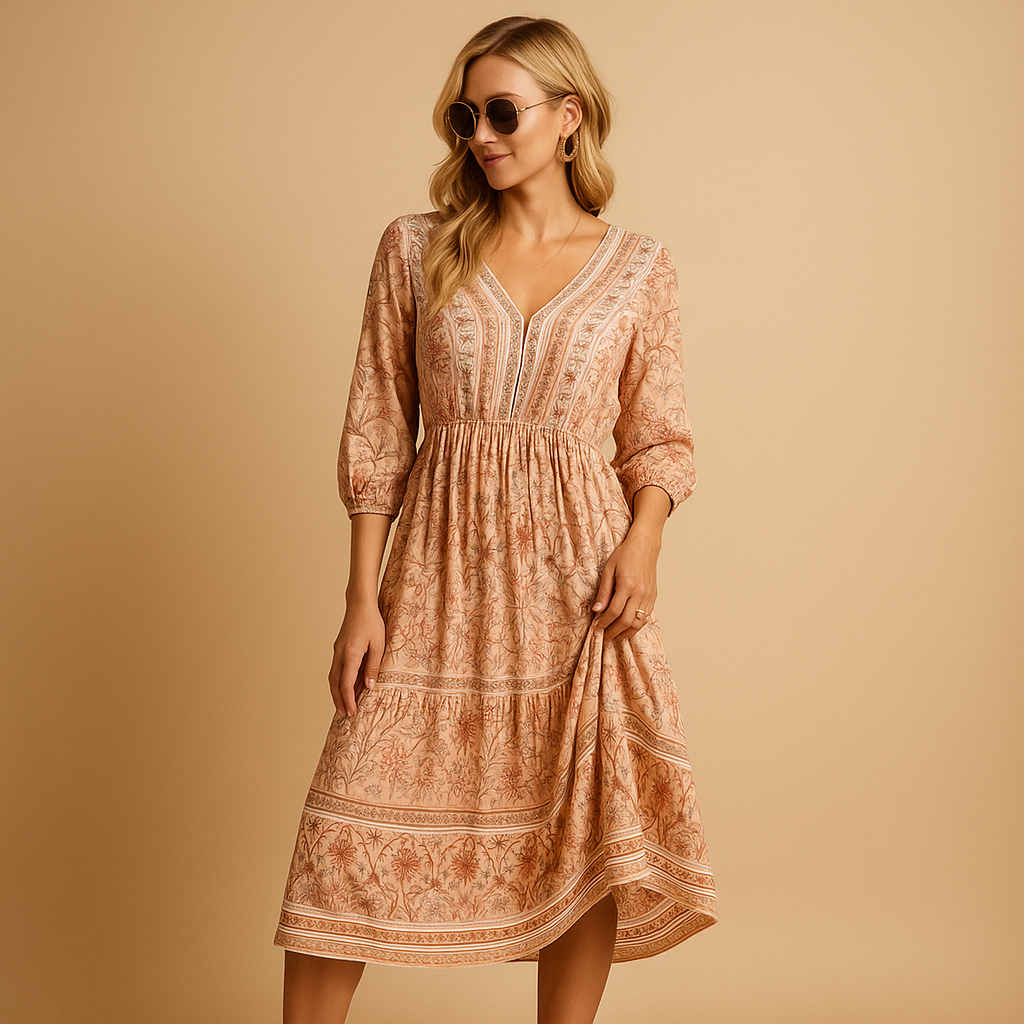 Women’s bohemian summer dress with airy fit and refined patterns. Perfect for festivals, beach days, and casual summer occasions.