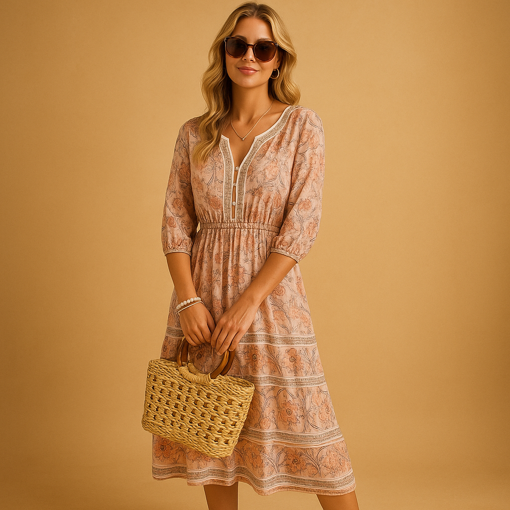 Women’s bohemian summer dress with airy fit and refined patterns. Perfect for festivals, beach days, and casual summer occasions.