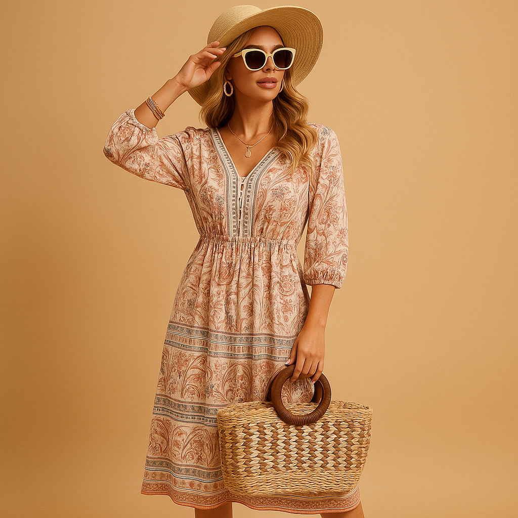 Women’s bohemian summer dress with airy fit and refined patterns. Perfect for festivals, beach days, and casual summer occasions.