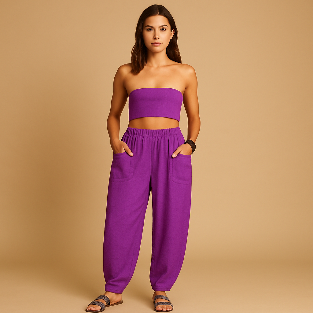 Women’s boho high-waist summer pants with loose fit and functional pockets, perfect for warm days and casual elegant looks.