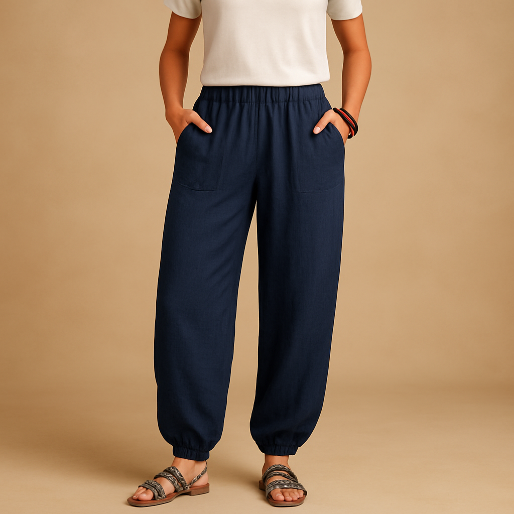 Women’s boho high-waist summer pants with loose fit and functional pockets, perfect for warm days and casual elegant looks.