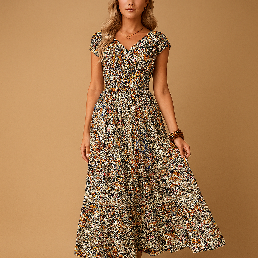 Flowy boho women’s maxi dress in vibrant colors, perfect for summer days, beach trips, and festivals.