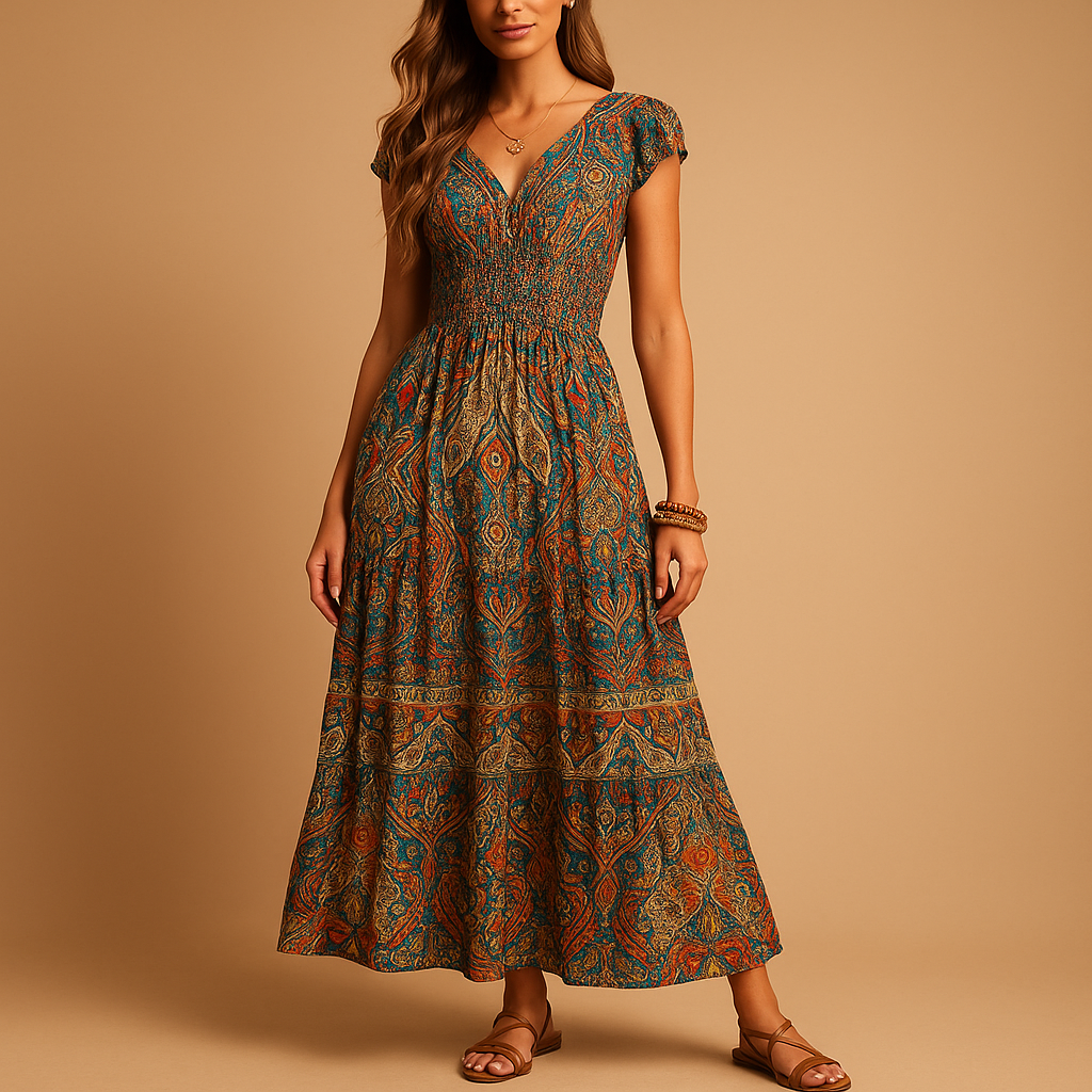 Flowy boho women’s maxi dress in vibrant colors, perfect for summer days, beach trips, and festivals.