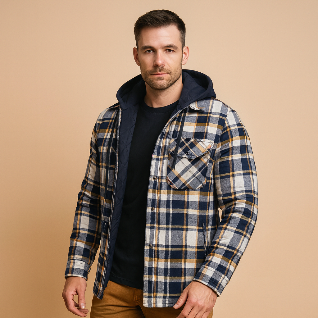 Men’s bomber jacket with hood, classic design with warm lining, wind and cold resistant, perfect for casual winter wear.